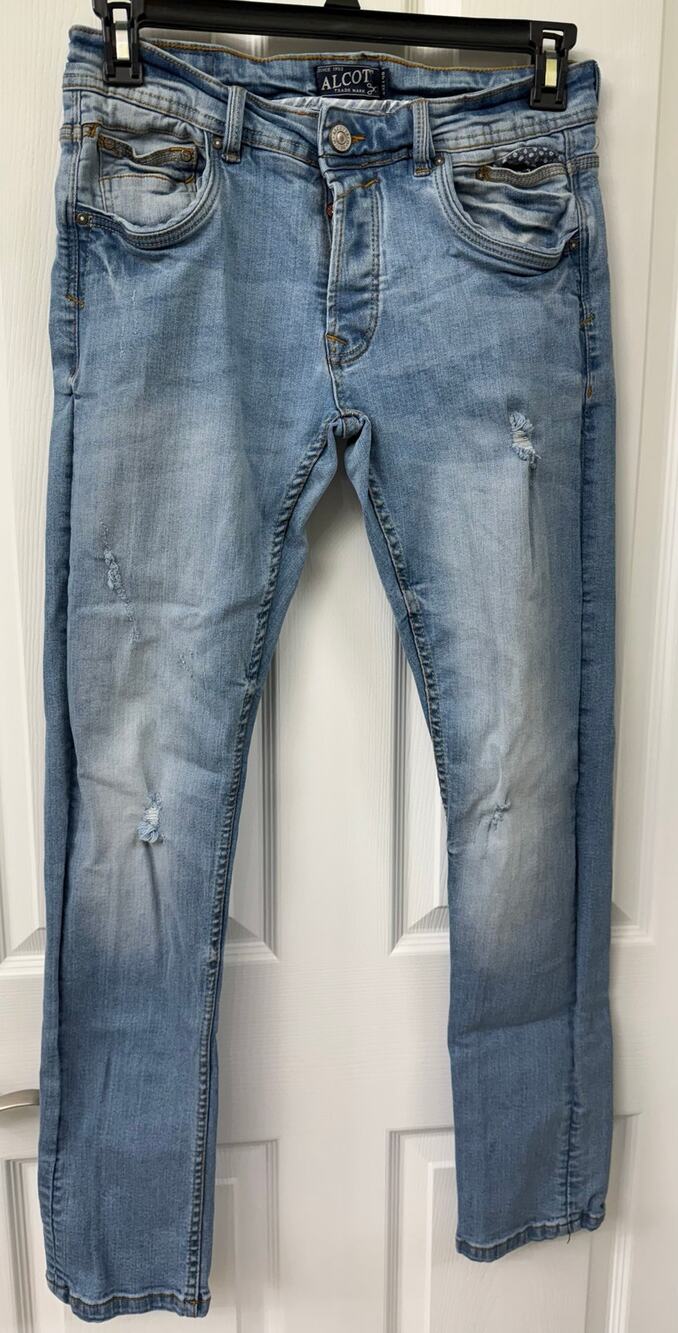 Alcott Men's distressed light blue denim buttonfly jeans
